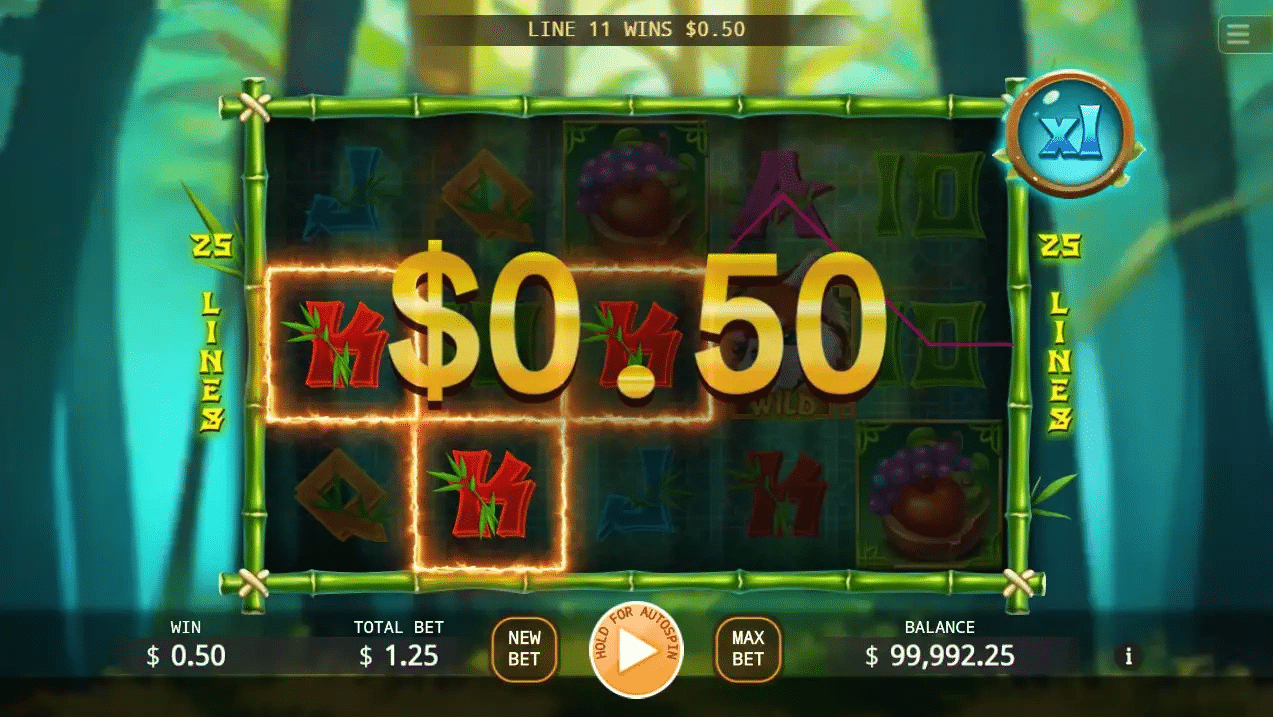 Mula sa mga bag ng bamboo shoots hanggang sa mga nut shell na puno ng matamis na prutas, ang slot machine ay puno ng mga may temang simbolo.