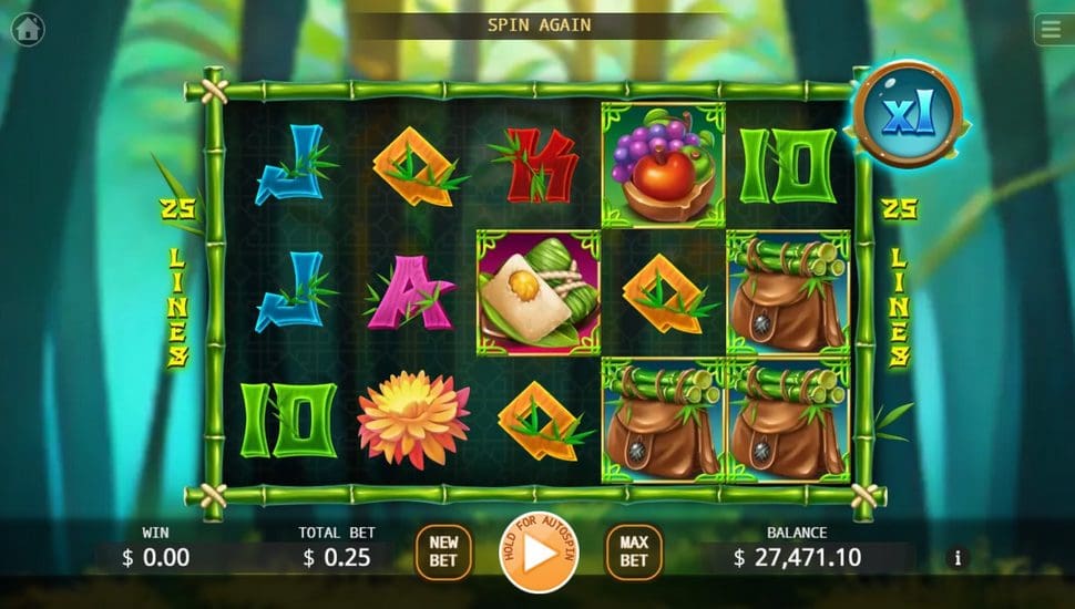 Mula sa mga bag ng bamboo shoots hanggang sa mga nut shell na puno ng matamis na prutas, ang slot machine ay puno ng mga may temang simbolo.